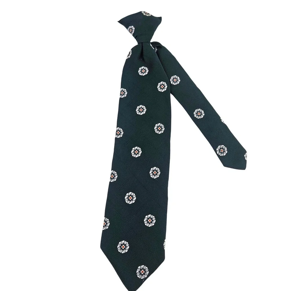 Vintage 70s‎ Disco Monsieur Cravat Tie Dark Green Floral Polyester Clip On USA